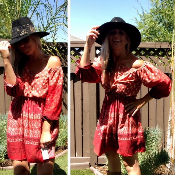 New! Clearance 🔥 Desert Red Boho Off theShoulders Ruffle Dress - Picture 13 of 15